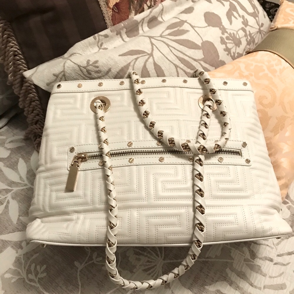 Versace White & Gold Quilted Leather Front Zip